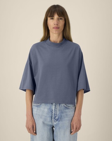 Stella Raya - Das kurze Damen-T-Shirt aus recycelter Baumwolle - Blue Grey - XS bedrucken, Art.-Nr. STTW259C156XS