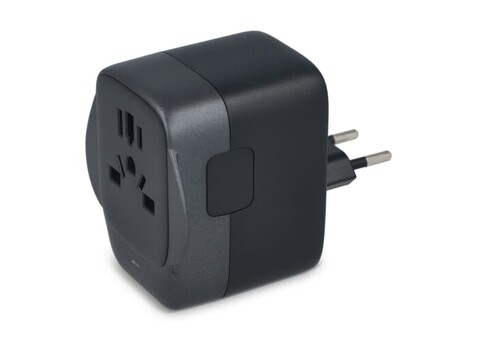 PowerPro Reiseadapter aus recyceltem Kunststoff - Schwarz bedrucken, Art.-Nr. LT41029-N0002