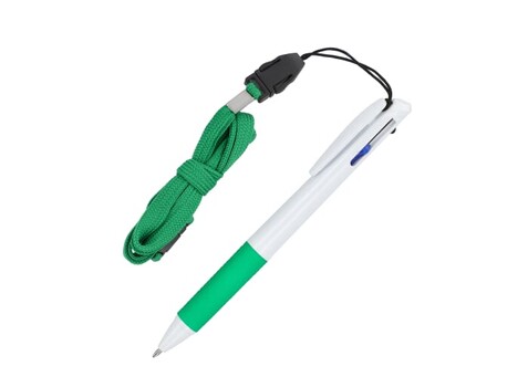 3-Farben-Stift mit Griffzone und Schlüsselband - Weiss / Grün bedrucken, Art.-Nr. LT87855-N0131