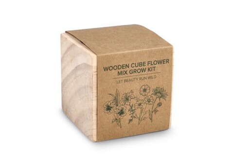 FSC-Holzpflanzgefäß-Set – Blumenmischung - Natur bedrucken, Art.-Nr. LT94577-N0094