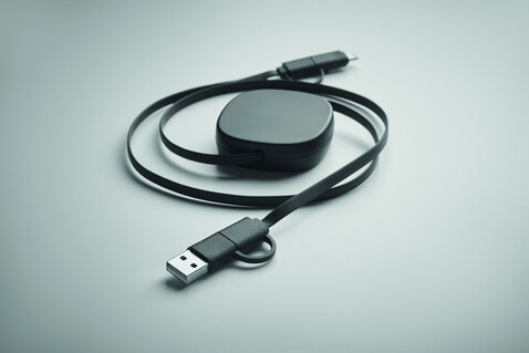 Einziehbares Ladekabel 60W - Schwarz bedrucken, Art.-Nr. MO2425-03