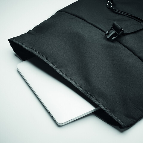 Rolltop-Rucksack 600D RPET - Schwarz bedrucken, Art.-Nr. MO6998-03