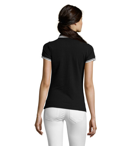 PASADENA Damen Polo 200g - Schwarz / Weiß bedrucken, Art.-Nr. S00578-BC-L