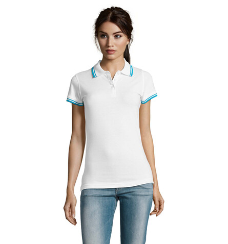 PASADENA Damen Polo 200g - White/Aqua bedrucken, Art.-Nr. S00578-QU-L PASADENA Damen Polo 200g - White/Aqua bedrucken, Art.-Nr. S00578-QU-L