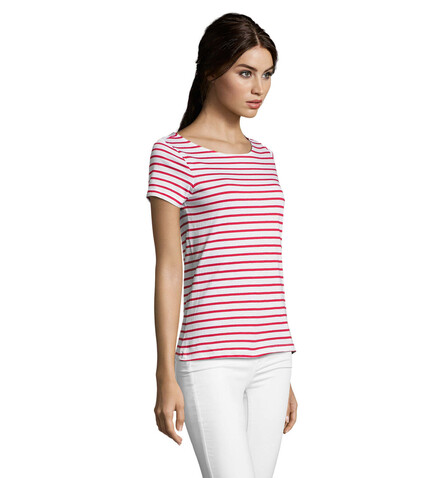 MILES DAMEN T-SHIRT 150g - Weiß / Rot bedrucken, Art.-Nr. S01399-WR-M