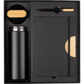 Geschenkset | Trinkflasche, Notizbuch und Kugelschreiber – Schwarz bedrucken, Art.-Nr. 001999999_1103694