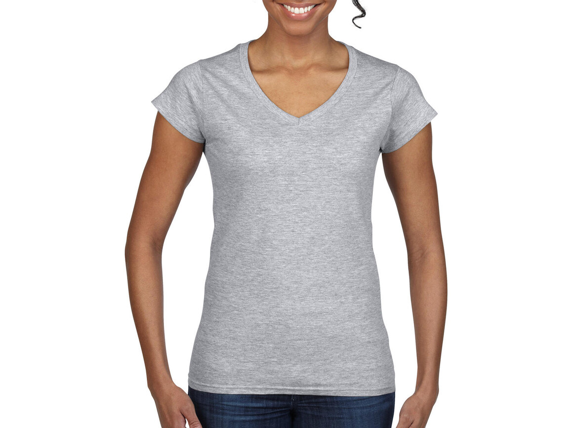 Gildan Ladies` Softstyle® V-Neck T-Shirt, Sport Grey, M bedrucken, Art.-Nr. 109091254