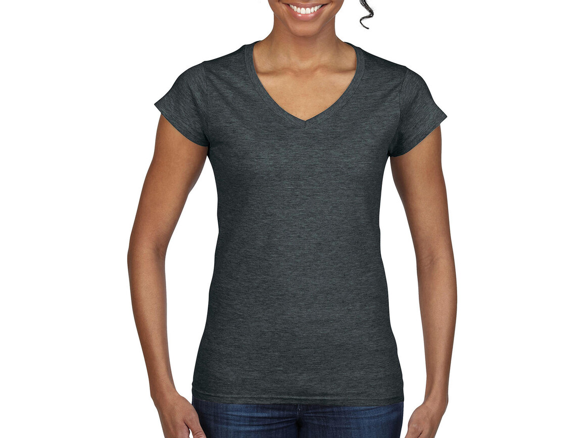 Gildan Ladies` Softstyle® V-Neck T-Shirt, Dark Heather, L bedrucken, Art.-Nr. 109091265