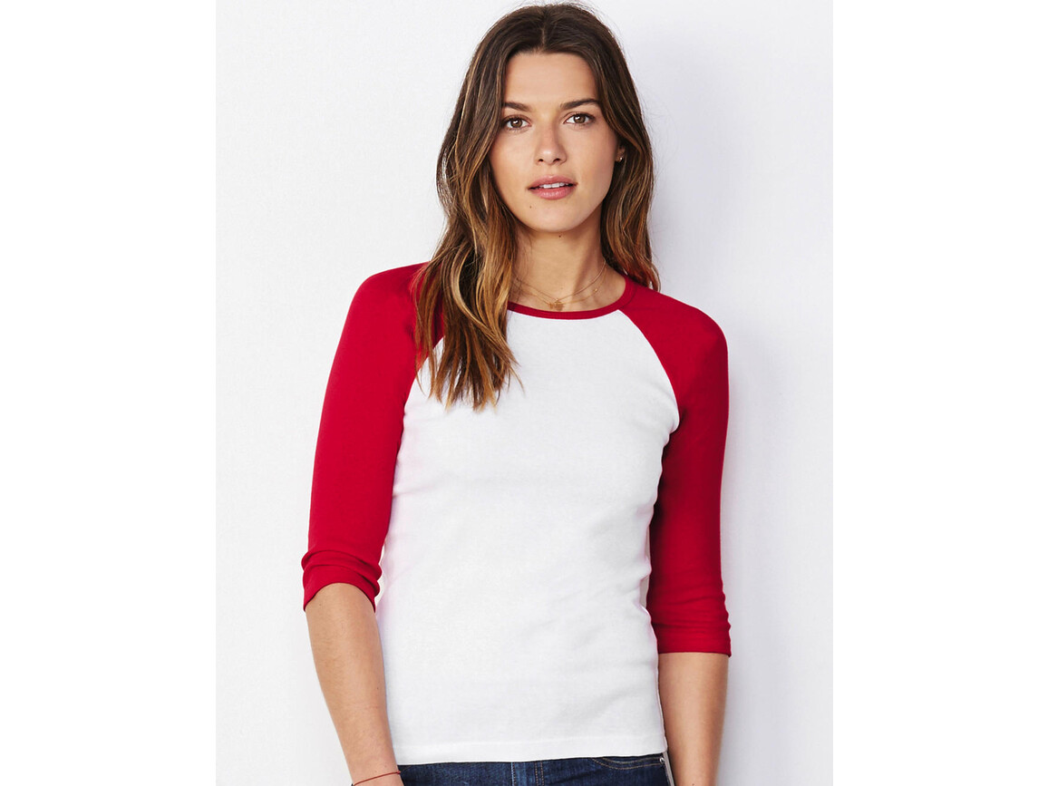 Bella 3/4 Sleeve Contrast Raglan T-Shirt, White/Pink, L bedrucken, Art.-Nr. 110060595
