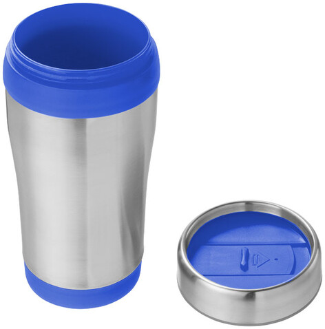 Elwood 410 ml Isolierbecher, silber, blau bedrucken, Art.-Nr. 10031000
