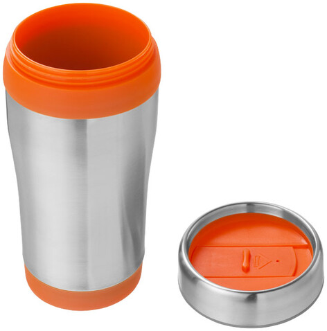 Elwood 410 ml Isolierbecher, silber, orange bedrucken, Art.-Nr. 10031004