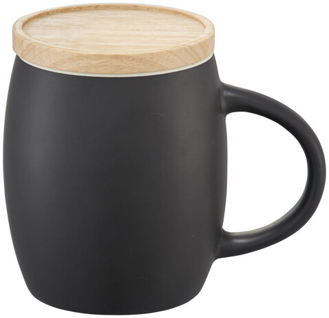Hearth 400 ml Keramiktasse mit Holz Untersetzer, schwarz, weiss bedrucken, Art.-Nr. 10046600