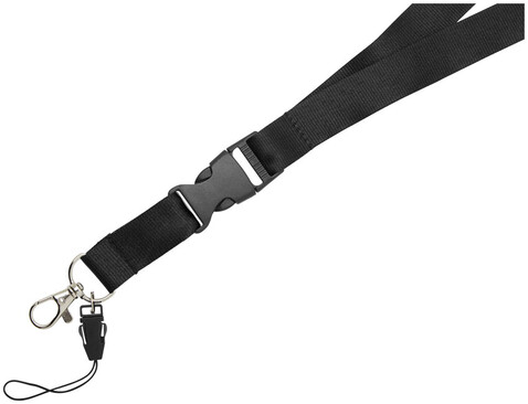 Sagan Lanyard mit abnehmbarer Schnalle und Handyband, schwarz bedrucken, Art.-Nr. 10250801 Sagan Lanyard mit abnehmbarer Schnalle und Handyband, schwarz bedrucken, Art.-Nr. 10250801