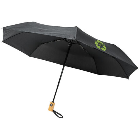 Bo 21" Vollautomatik Kompaktregenschirm aus recyceltem PET-Kunststoff, schwarz bedrucken, Art.-Nr. 10914301