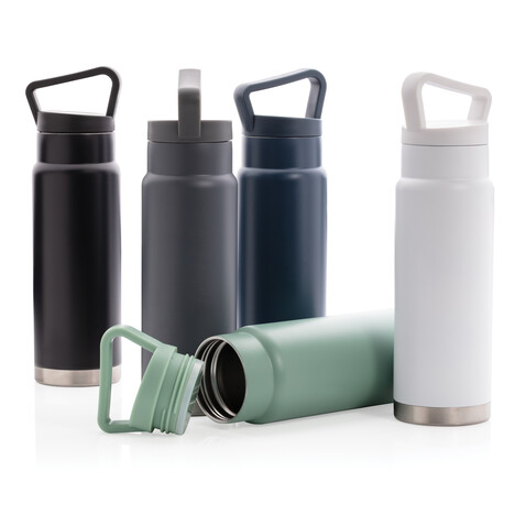 Auslaufsichere Vakuum-Flasche mit Tragegriff schwarz bedrucken, Art.-Nr. P436.921