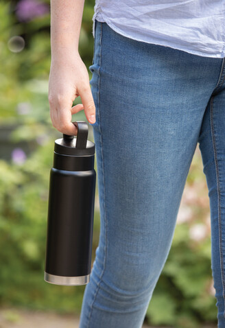 Auslaufsichere Vakuum-Flasche mit Tragegriff schwarz bedrucken, Art.-Nr. P436.921