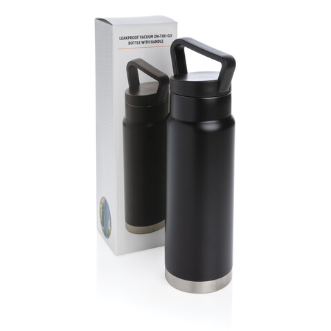 Auslaufsichere Vakuum-Flasche mit Tragegriff schwarz bedrucken, Art.-Nr. P436.921