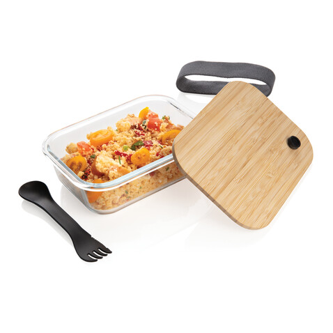 Lunch-Box aus Glas mit Bambusdeckel transparent bedrucken, Art.-Nr. P269.560