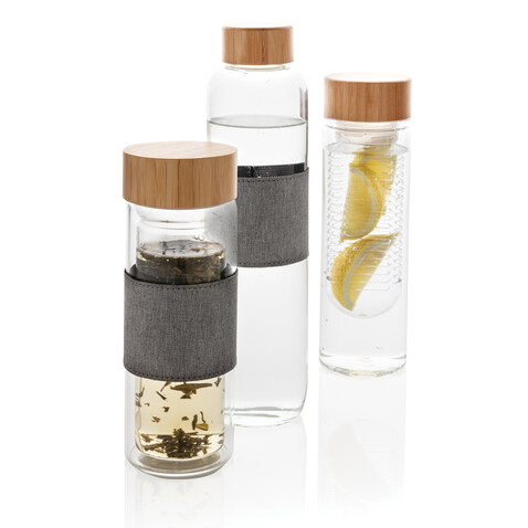 Impact Borosilikat-Glasflasche mit Bambusdeckel transparent, grau bedrucken, Art.-Nr. P436.770