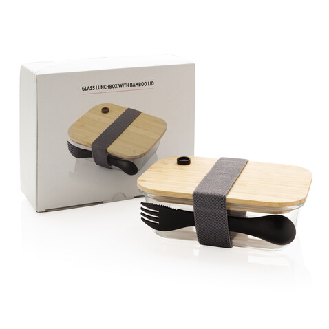 Lunch-Box aus Glas mit Bambusdeckel transparent bedrucken, Art.-Nr. P269.560