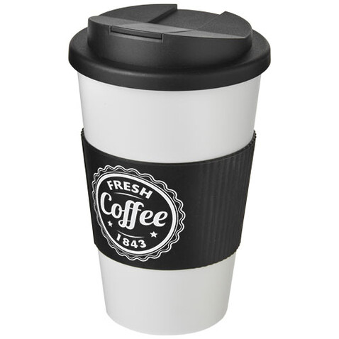 Americano® 350 ml Isolierbecher mit Schutzring & auslaufsicherem Schraubverschluss, weiss, schwarz bedrucken, Art.-Nr. 21069600 Americano® 350 ml Isolierbecher mit Schutzring & auslaufsicherem Schraubverschluss, weiss, schwarz bedrucken, Art.-Nr. 21069600