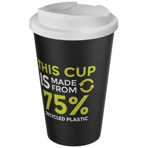Americano® Eco 350 ml recycelter Becher mit auslaufsicherem Deckel, weiss, schwarz bedrucken, Art.-Nr. 21042501