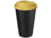 Americano® Eco 350 ml recycelter Becher mit auslaufsicherem Deckel, gelb, schwarz bedrucken, Art.-Nr. 21042511