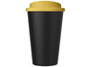 Americano® Eco 350 ml recycelter Becher mit auslaufsicherem Deckel, gelb, schwarz bedrucken, Art.-Nr. 21042511