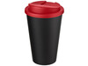 Americano® Eco 350 ml recycelter Becher mit auslaufsicherem Deckel, rot, schwarz bedrucken, Art.-Nr. 21042521