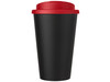 Americano® Eco 350 ml recycelter Becher mit auslaufsicherem Deckel, rot, schwarz bedrucken, Art.-Nr. 21042521