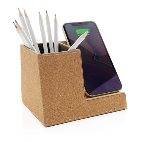 Kork Stiftehalter mit 5W Wireless Charger khaki bedrucken, Art.-Nr. P308.199