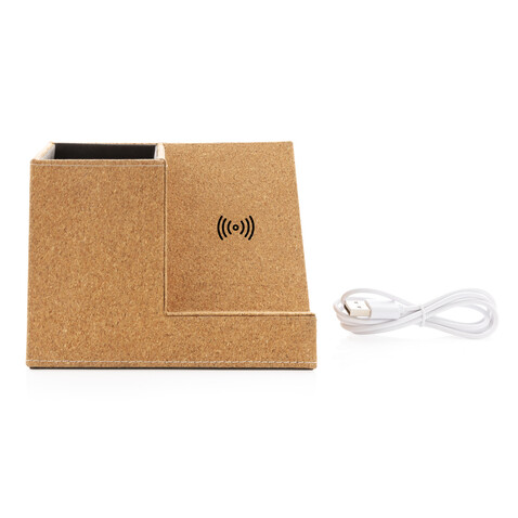 Kork Stiftehalter mit 5W Wireless Charger khaki bedrucken, Art.-Nr. P308.199