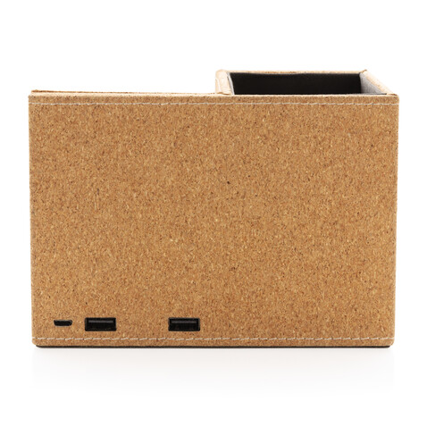Kork Stiftehalter mit 5W Wireless Charger khaki bedrucken, Art.-Nr. P308.199