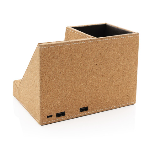 Kork Stiftehalter mit 5W Wireless Charger khaki bedrucken, Art.-Nr. P308.199