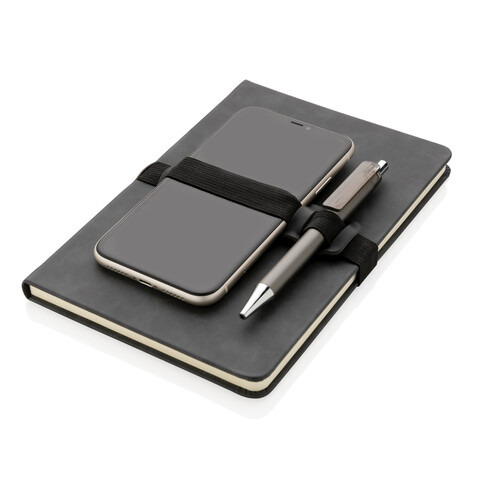 Deluxe Hardcover PU Notizbuch mit Handy- und Stiftehalter grau bedrucken, Art.-Nr. P774.232
