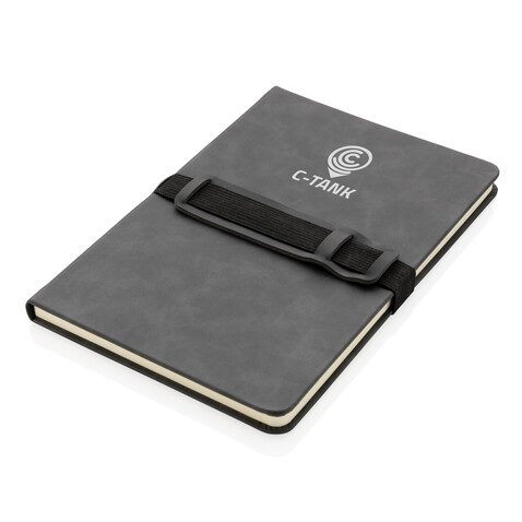 Deluxe Hardcover PU Notizbuch mit Handy- und Stiftehalter grau bedrucken, Art.-Nr. P774.232