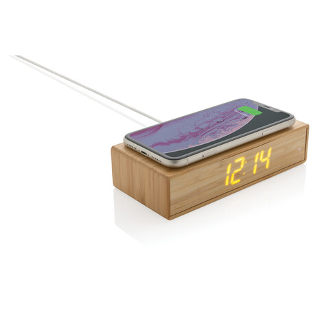 Wecker mit 5W Wireless Charger aus Bambus braun bedrucken, Art.-Nr. P308.239 Wecker mit 5W Wireless Charger aus Bambus braun bedrucken, Art.-Nr. P308.239