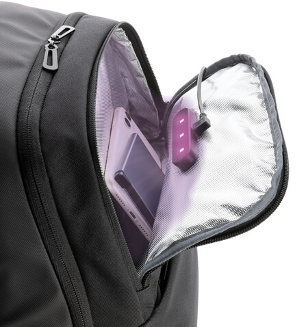 Swiss Peak Rucksack mit UV-Sterilisations-Tasche schwarz bedrucken, Art.-Nr. P762.551 Swiss Peak Rucksack mit UV-Sterilisations-Tasche schwarz bedrucken, Art.-Nr. P762.551