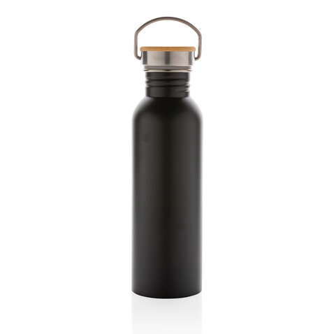 Moderne Stainless-Steel Flasche mit Bambusdeckel schwarz bedrucken, Art.-Nr. P436.831