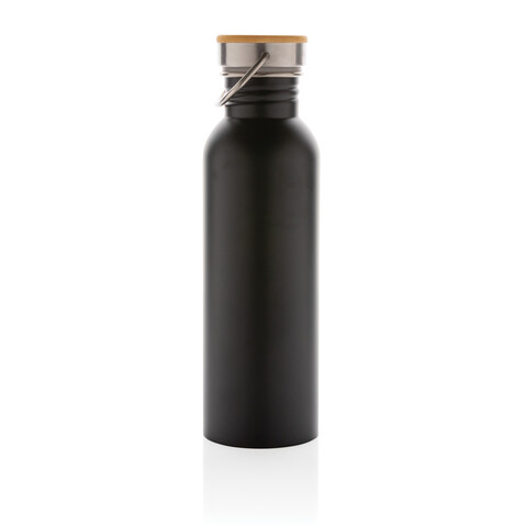 Moderne Stainless-Steel Flasche mit Bambusdeckel schwarz bedrucken, Art.-Nr. P436.831