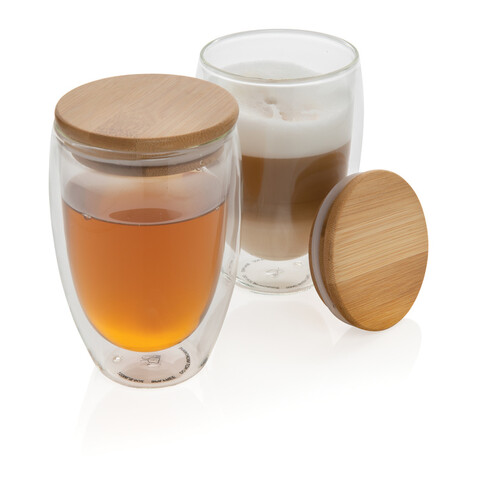 2-tlg Set Borosilikatgläser mit Bambusdeckel 350ml transparent bedrucken, Art.-Nr. P432.270