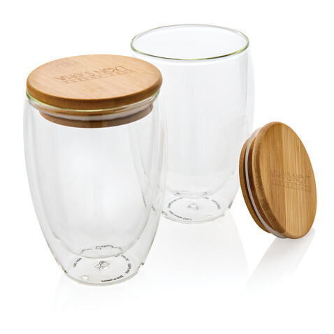 2-tlg Set Borosilikatgläser mit Bambusdeckel 350ml transparent bedrucken, Art.-Nr. P432.270