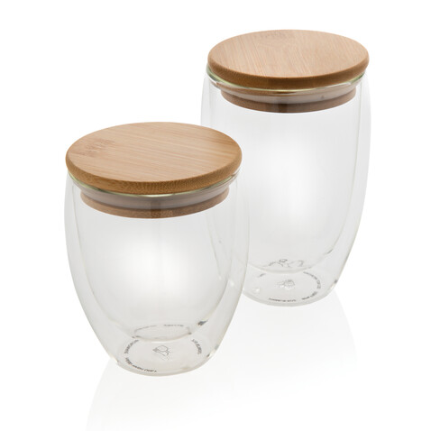 2-tlg Set Borosilikatgläser mit Bambusdeckel 350ml transparent bedrucken, Art.-Nr. P432.270