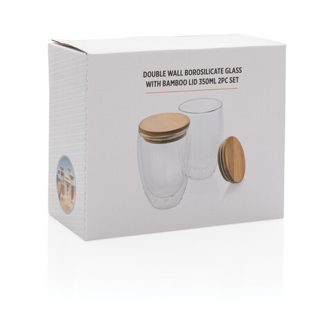 2-tlg Set Borosilikatgläser mit Bambusdeckel 350ml transparent bedrucken, Art.-Nr. P432.270
