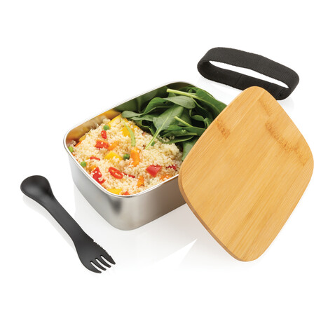 Stainless Steel Lunchbox mit Bambus-Deckel und Göffel silber bedrucken, Art.-Nr. P269.622 Stainless Steel Lunchbox mit Bambus-Deckel und Göffel silber bedrucken, Art.-Nr. P269.622