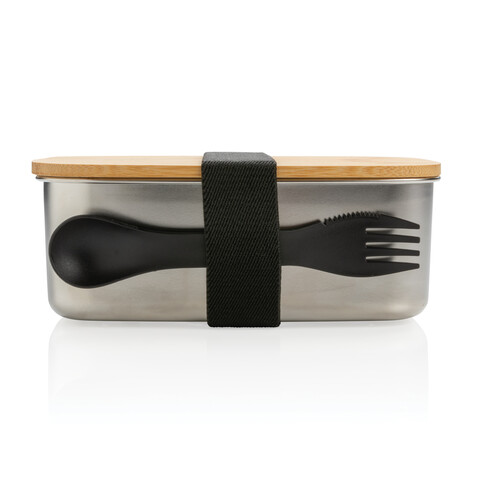 Stainless Steel Lunchbox mit Bambus-Deckel und Göffel silber bedrucken, Art.-Nr. P269.622 Stainless Steel Lunchbox mit Bambus-Deckel und Göffel silber bedrucken, Art.-Nr. P269.622