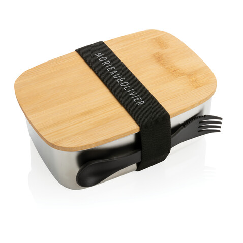 Stainless Steel Lunchbox mit Bambus-Deckel und Göffel silber bedrucken, Art.-Nr. P269.622 Stainless Steel Lunchbox mit Bambus-Deckel und Göffel silber bedrucken, Art.-Nr. P269.622