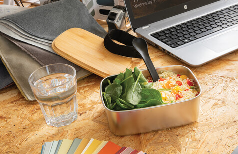 Stainless Steel Lunchbox mit Bambus-Deckel und Göffel silber bedrucken, Art.-Nr. P269.622 Stainless Steel Lunchbox mit Bambus-Deckel und Göffel silber bedrucken, Art.-Nr. P269.622