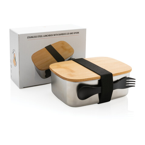 Stainless Steel Lunchbox mit Bambus-Deckel und Göffel silber bedrucken, Art.-Nr. P269.622 Stainless Steel Lunchbox mit Bambus-Deckel und Göffel silber bedrucken, Art.-Nr. P269.622