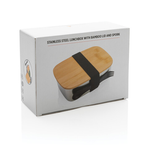 Stainless Steel Lunchbox mit Bambus-Deckel und Göffel silber bedrucken, Art.-Nr. P269.622 Stainless Steel Lunchbox mit Bambus-Deckel und Göffel silber bedrucken, Art.-Nr. P269.622